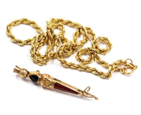 A 9ct gold rope twist link neck chain, on a bolt ring clasp, and a Scottish 9ct rose gold and agate set dirk brooch, 1.6g. (2
