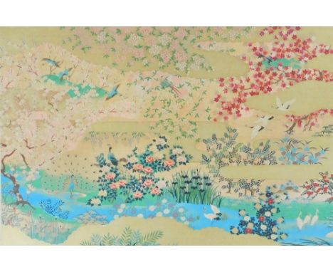 A 20thC Japanese colour landscape print, depicting cranes, peacocks, peonies, blossom and other flora, plate size 64cm x 95cm