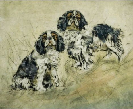 After Henry Wilkinson. Two&nbsp;Cavalier King Charles Spaniels, in rural setting, colour dry point engraving, signed limited 