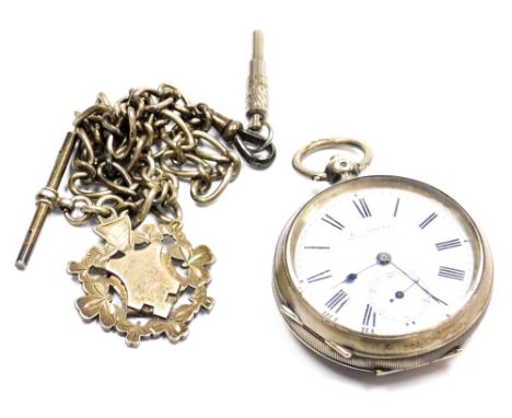 A H Samuel of Manchester gentleman's pocket watch, open face, key wind, circular enamel dial bearing Roman numerals, subsidia