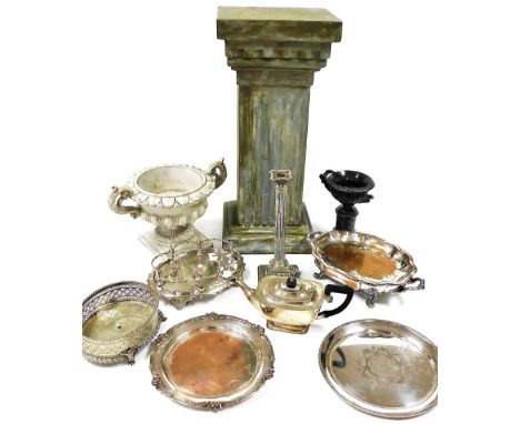 Silver plated wares, including a Corinthian column candlestick, teapot, cruet stands, and an entree dish, together with a gre