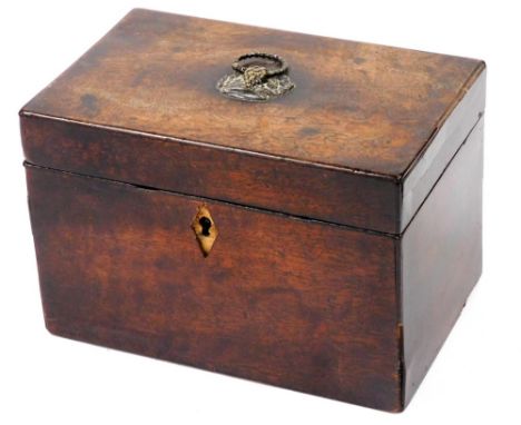A 19thC mahogany tea caddy, of rectangular form, with brass ring handle, the hinged lid enclosing two compartments, with lids