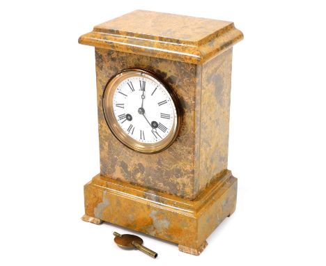 A late 19thC Sienna style marble cased mantel clock, circular enamel dial bearing Roman numerals, eight day movement with bel