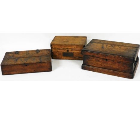 A small stained pine toolbox, with metal handle, indistinct stencil to top, a margarine box, and a small pine box, 40-30cm wi