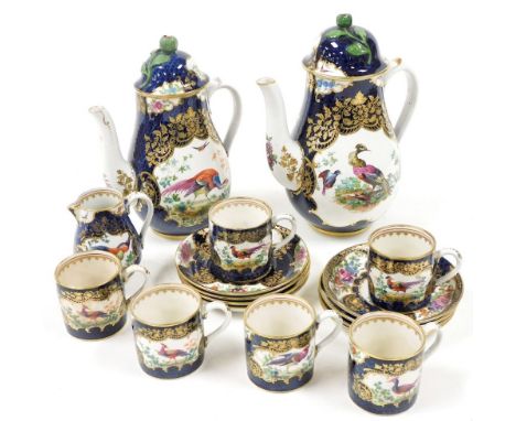 A late 19thC Booths Blue Scale pattern pottery part coffee service, decorated with reserves of exotic birds and flowers, comp