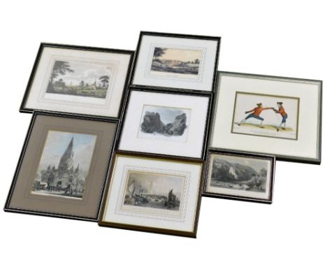 A group of colour engravings, to include Sleaford, 13cm x 18cm, a French duelling print, 12cm x 18cm, Boston Church and the G