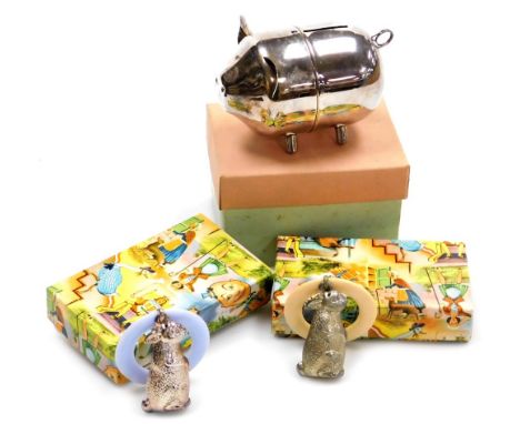 A Lanard silver plated novelty pig money bank, marked Hong Kong to underside, 12cm wide, boxed, and two mid 20thC child's rat