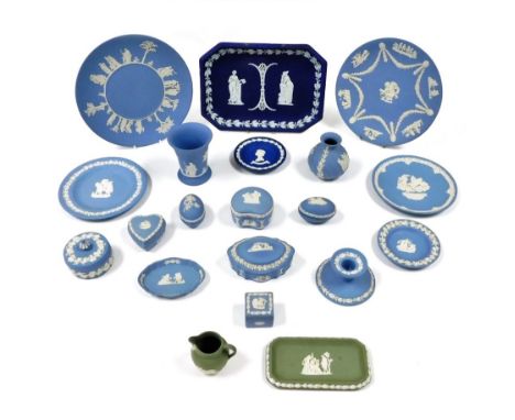 A group of Wedgwood blue and green Jasperware table ornaments, boxes and covers, candlestick, plates, etc. (a quantity) 