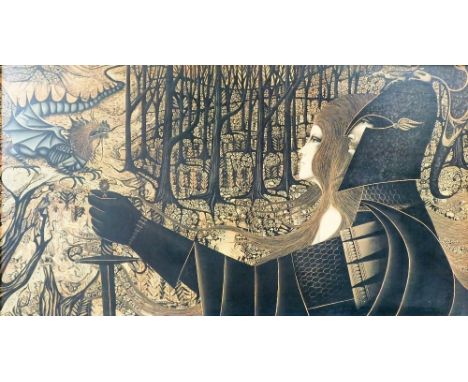 After E. Baker. A knight and maiden in woodland landscape with dragon, print, 49cm x 90cm.