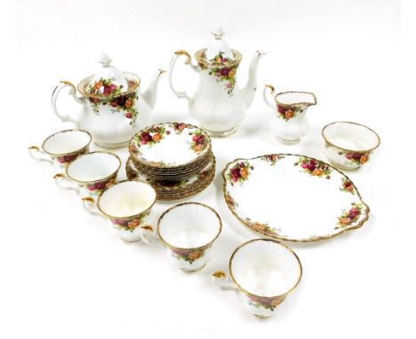 A Royal Albert porcelain part tea service, decorated in the Old Country Roses pattern, comprising teapot, cream jug, sugar bo