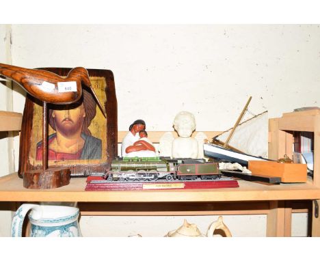 MIXED LOT MODERN RELIGIOUS ICON PICTURE, MODEL LOCOMOTIVE, MODEL BOAT, WOODEN BIRD ETC
