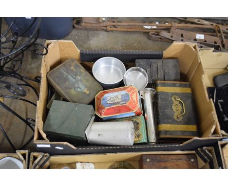 BOX OF VARIOUS VINTAGE TINS AND OTHER ITEMS
