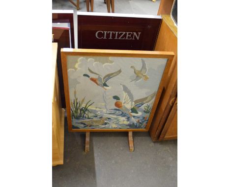 FIRESCREEN WITH TAPESTRY PANEL INSET WITH DUCKS