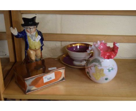 SMALL SILVER PLATE ON COPPER TRINKET BOX, STAFFORESHIRE NOVELTY JUG, MILK GLASS VASE AND A FURTHER CUP AND SAUCER