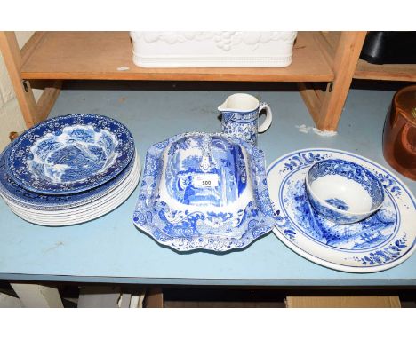 MIXED LOT VARIOUS BLUE AND WHITE DINNER WARES TO INCLUDE COPELAND SPODE BLUE ITALIAN VEGETABLE DISH, FURTHER DECORATED PLATES