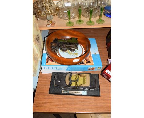 MODEL SAAB CAR, BOXED JIGSAW, FRUIT BOWL AND A TIN PLATE MODEL LOCOMOTIVE