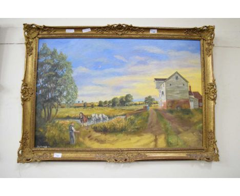 JOHN MUNNINGS, STUDY OF FIGURES BEFORE A WATERMILL, OIL ON CANVAS, GILT FRAMED, 102CM WIDE