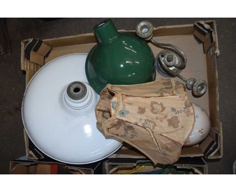 BOX OF VINTAGE INDUSTRIAL CEILING LIGHTS, SHADES AND OTHER ITEMS