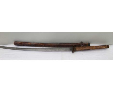 AN EARLY TO MID 20TH CENTURY JAPANESE KATANA SWORD, bronze plain Tsuba, leather covered scabbard, (tang not signed)Condition 