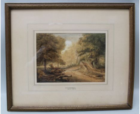 ATTRIBUTED TO EDWARD THOMAS DANIELL (1804-1842, NORWICH SCHOOL) Wooden river landscape with ford & figures on a bridge, Churc