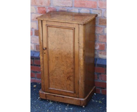 A VICTORIAN WALNUT &amp; SATINWOOD INLAID SIDE CABINET with single panel cupboard door on a plinth base, 89cm x 53cm 