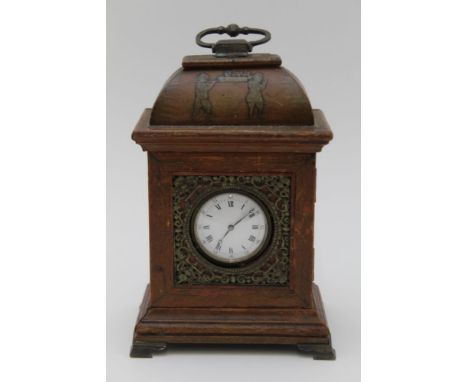 A LATE VICTORIAN MINIATURE MANTEL CLOCK, in the form of a Japaned Georgian bracket clock, caddy top with brass handle, chinoi