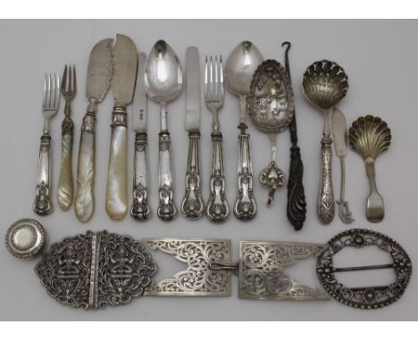 TWO GEORGIAN SILVER CHILDS CHRISTENING SETS, comprising; knife, fork &amp; spoon, together with; two silver bladed butter kni