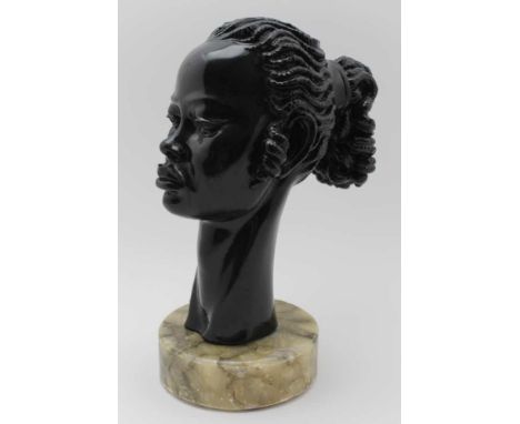 EARLY TO MID 20TH CENTURY ITALIAN SCHOOL, A PORTRAIT HEAD OF A YOUNG AFRICAN WOMAN, her braided hair up and through a ring, e