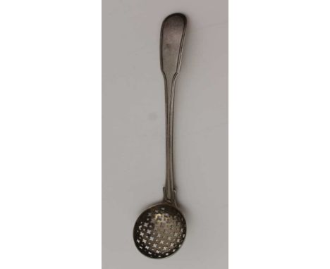 WILLIAM ELEY, WILLIAM FEARN, AND WILLIAM CHAWNER, A GEORGE III SILVER FIDDLE & THREAD HANDLE SIFTING LADLE, London 1811, 16cm