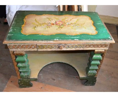 AN EARLY 20TH CENTURY PAINTED PINE DESK, fitted single frieze drawer, having columns on bracket feet, with as shaped undertie