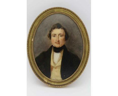 ELIZA JONES 'Frederick Forbes', shoulder length portrait of a young gentleman, oil painting on board c.1840, oval shape, in a