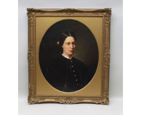 BRYCE SMITH Portrait of a Lady, dressed in black, highlighted with gold buttons and jewellery, Victorian oil on canvas, signe