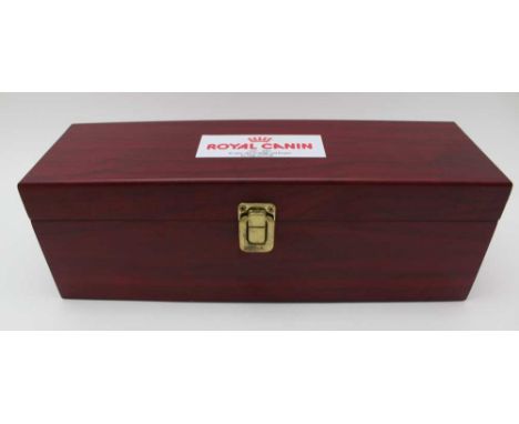 A MAHOGANY EFFECT PRESENTATION WINE GIFT BOX the lid fitted with four tools now containing a single bottle of Chateau Tour du