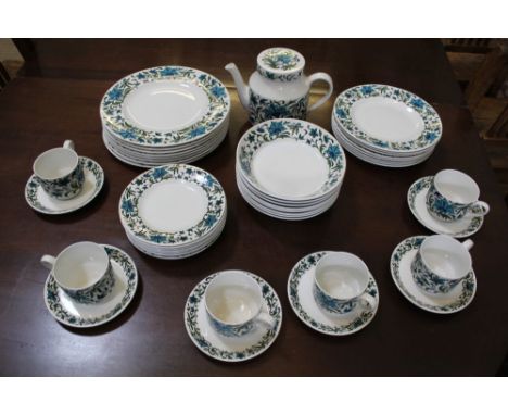 A 'MIDWINTER' PART TEA AND DINNER SERVICE, 'Spanish Garden' design by Jessie Tait, comprising; teapot with cover, six cups, s