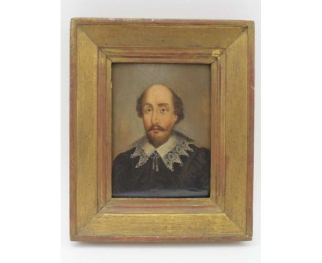 19TH CENTURY BRITISH SCHOOL 'Shakespeare' shoulder length portrait oil painting on panel, 17.5cm x 13cm, gilt framed 