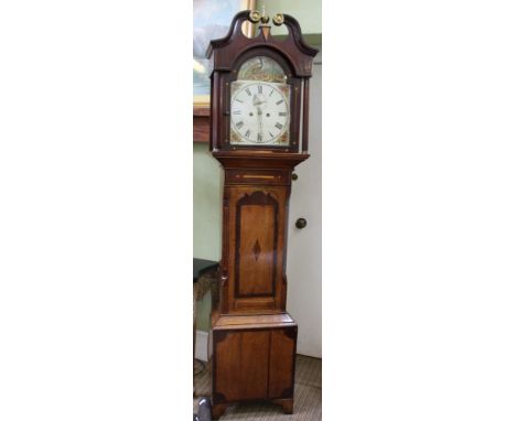 A MIXED WOOD LONGCASE CLOCK having swanneck pediment over pilaster sided hood, part painted dial depicting a peacock, maker n