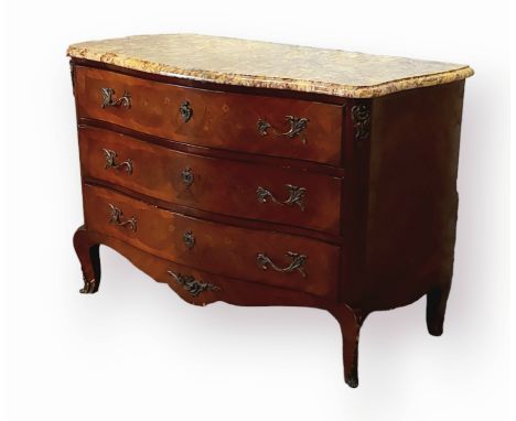 A French serpentine commode, the variegated marble top above three drawers raised upon low cabriole legs with gilt metal moun