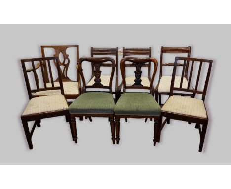 A pair of 19th century rosewood side chairs together with three Regency mahogany side chairs, a Chippendale style country arm