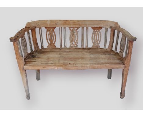 A teak garden bench with curved priced splat back, 113cms by 49cm and 73cms high 