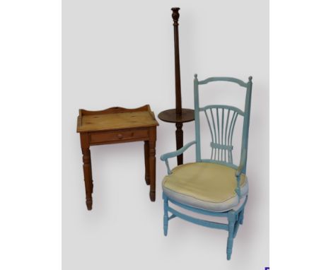 A pine side table with shaped back above a single drawer raised upon turned legs, together with an open armchair and a mahoga