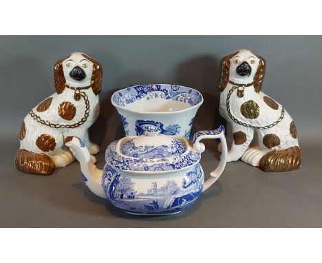 A pair of Staffordshire models of Spaniels together with a Spode Italian pattern teapot and similar vase 