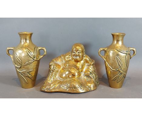 A Chinese model in the form of Buddha, 13cms tall together with a pair of Japanese heavy brass vases, 16cms tall 