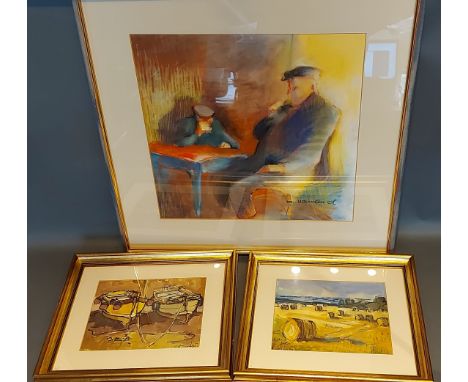 T. R. Tucker a pair of watercolours, signed, together with a another painting, Two Seated Gentleman, indistinctly signed, 46c