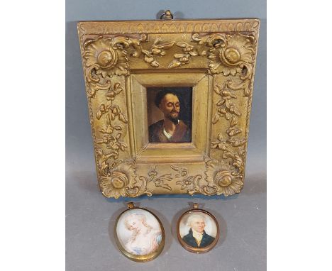 Two oval portrait miniatures, together with a small gilt framed paintings 