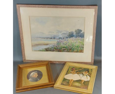 Leila K Williamson, Landscape with river and mountains beyond, watercolour, 35cms by 51cms, together with an oval portrait an