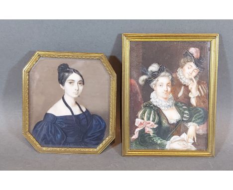 A portrait miniature depicting a classical lady in period dress, 7cms x 6cms together with another similar, 8.5cms x 6cms 