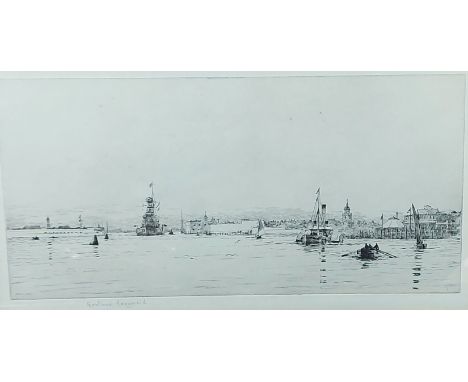 Rowland Langmaid, H.M.S. Dreadnought leaving Portsmouth harbour, etching signed in pencil, 19cms x 37cms 