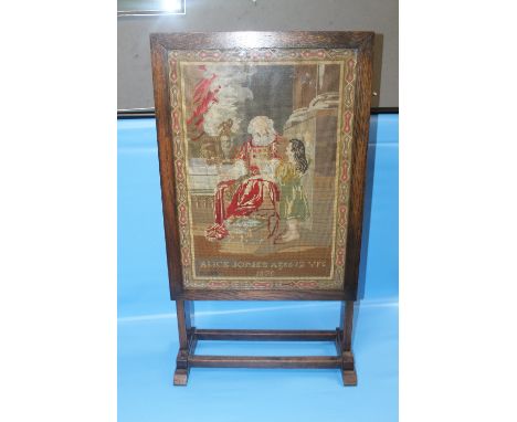 A OAK FRAMED TAPESTRY FIRE SCREEN 