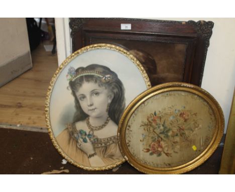 A FRAMED AND GLAZED TAPESTRY TOGETHER WITH TWO FRAMED PORTRAITS 
