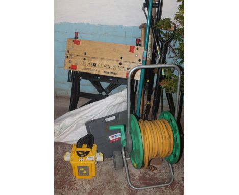 A QUANTITY OF ASSORTED TOOLS ETC, TO INCLUDE A 240V CLARKE TRANSFORMER, BLACK &amp; DECKER WORKMATE, HOSE AND REEL ETC 
